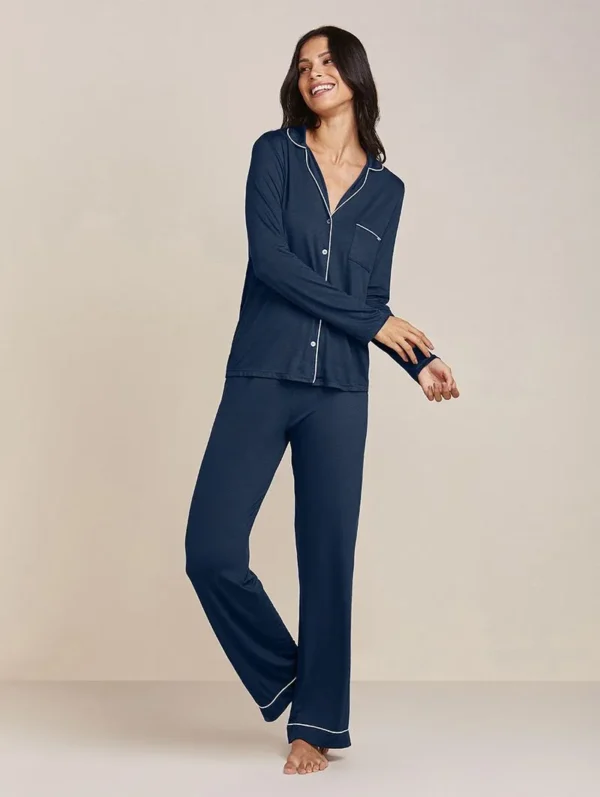 Pijama Longo Em Viscose Com Vivo Contrastante Flora