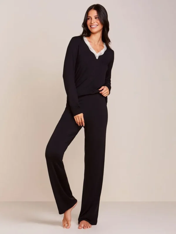 Pijama Longo Decote V Em Viscose E Renda